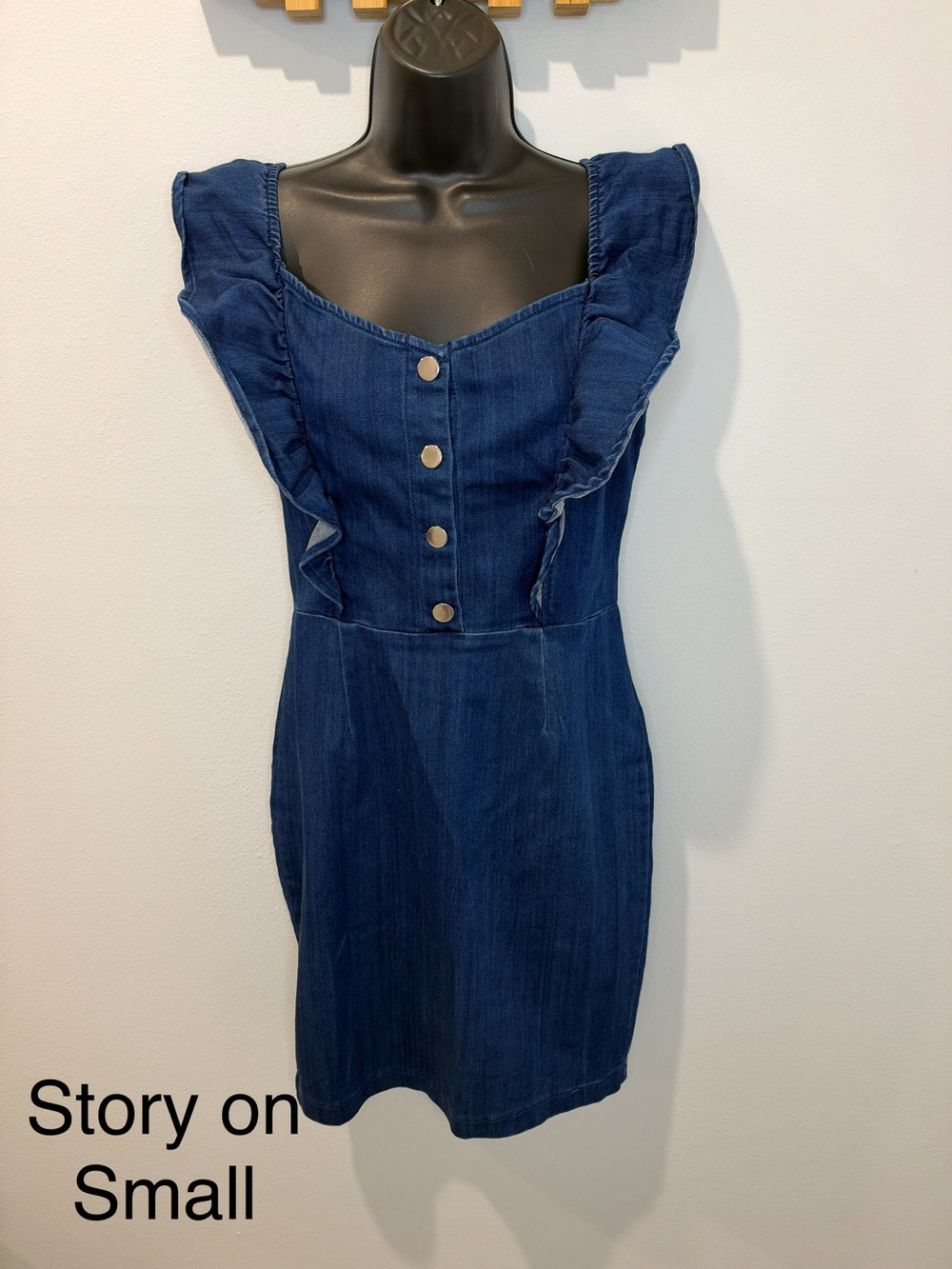 Navy Denim Ruffle-Shoulder Mini Dress